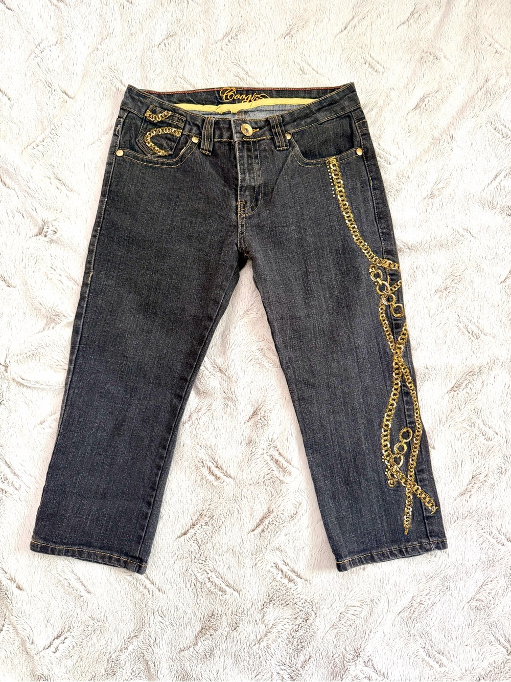 COOGI Y2K McBling Capri Jeans Size 9/10 Dark Wash Gold Chain Embroidered Denim